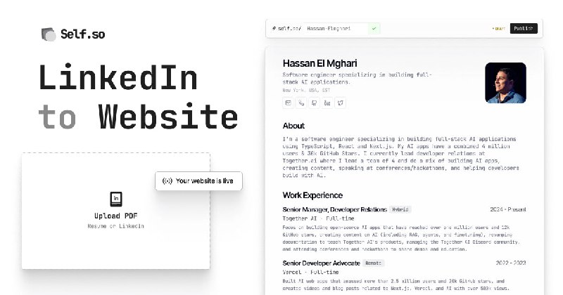 #简历 #在线生成👤 Self.so - 一个开源的个人网站生成器🌐 在线使用上传 PDF 格式简历，网站会通过 Qwen 2.5 72B 提取 PDF 信息生成个人网站并支持生成访问链接识别效果和呈现效果都不错