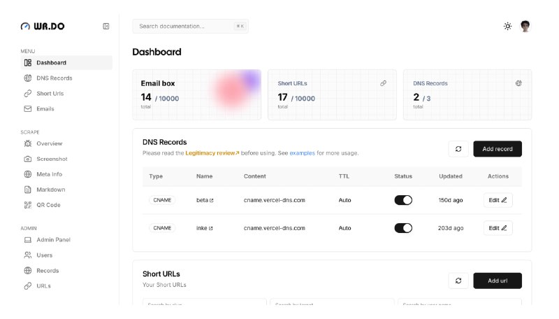 #开源 #建站 #Cloudflare🌏 WR.DO -  一个短链、临时邮箱、临时聊天室以及子域名管理聚合平台WR.DO同时拥有短链生成、临时邮箱、管理 DNS 记录等强大功能支持一键部署