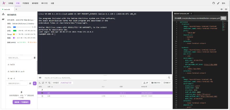 #开源 #SSH #运维🖥 Nexus Terminal - 一个现代化的 Web SSH/RDP 客户端✨ Features▫️多标签页管理 SSH 与 SFTP，支持在线编辑文件▫️支持 RDP 访问 Windows▫️支持包括人机验证（hCaptcha、Google reCAPTCHA）与双因素认证（2FA）▫️内置 Docker 容器管理面板▫️...