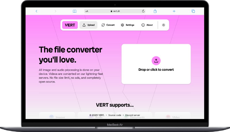 #开源 #文件处理🔁 VERT -  一款开源的全能文件格式转换工具 🌐 在线体验支持图片、音频、文档、视频的格式转换，所有操作都是在本地浏览器完成支持 Docker 部署